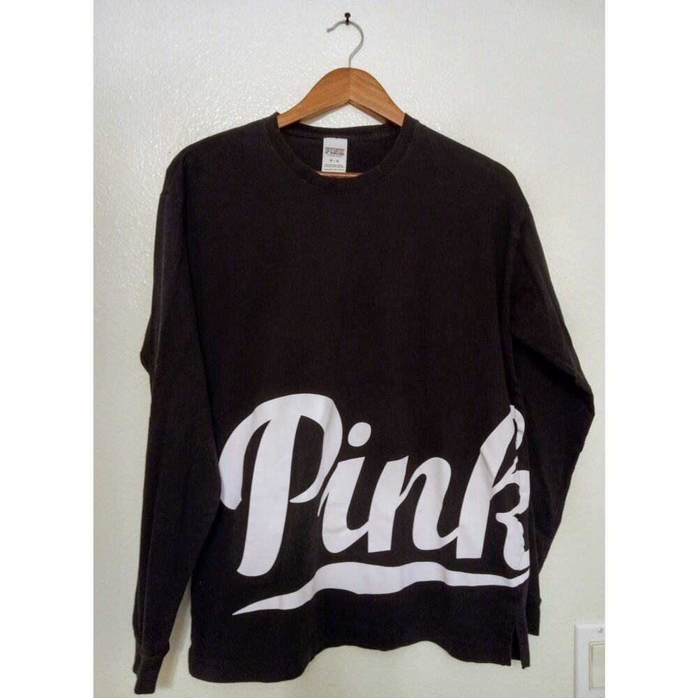 Victoria’s Secret PINK Applique Logo PINK Crew Oversized Black Long Sleeve SZ M